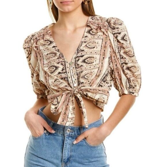 Anthropologie Tops - Anthropologie Cleobella Brigada Puff Sleeve Cream Pink Crop Blouse size medium